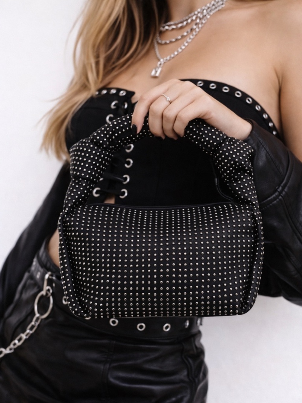J. Crew Studded Double Knotโ Handbag Black and Silver Cocktail Party Glam Punk